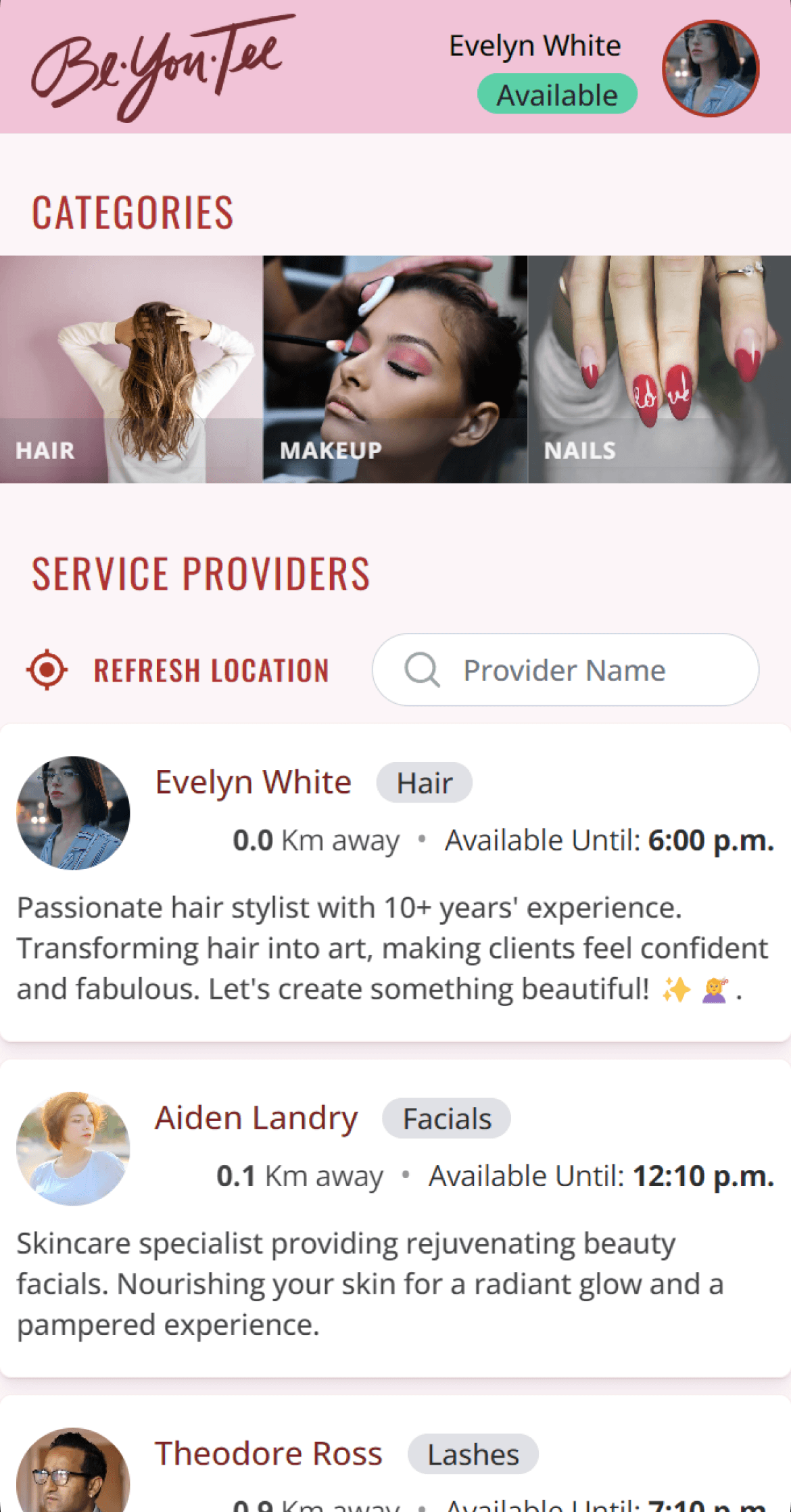 Responsive web app that connects users with beauty service providers in their area, allowing them to browse services and schedule appointments directly at their homes.