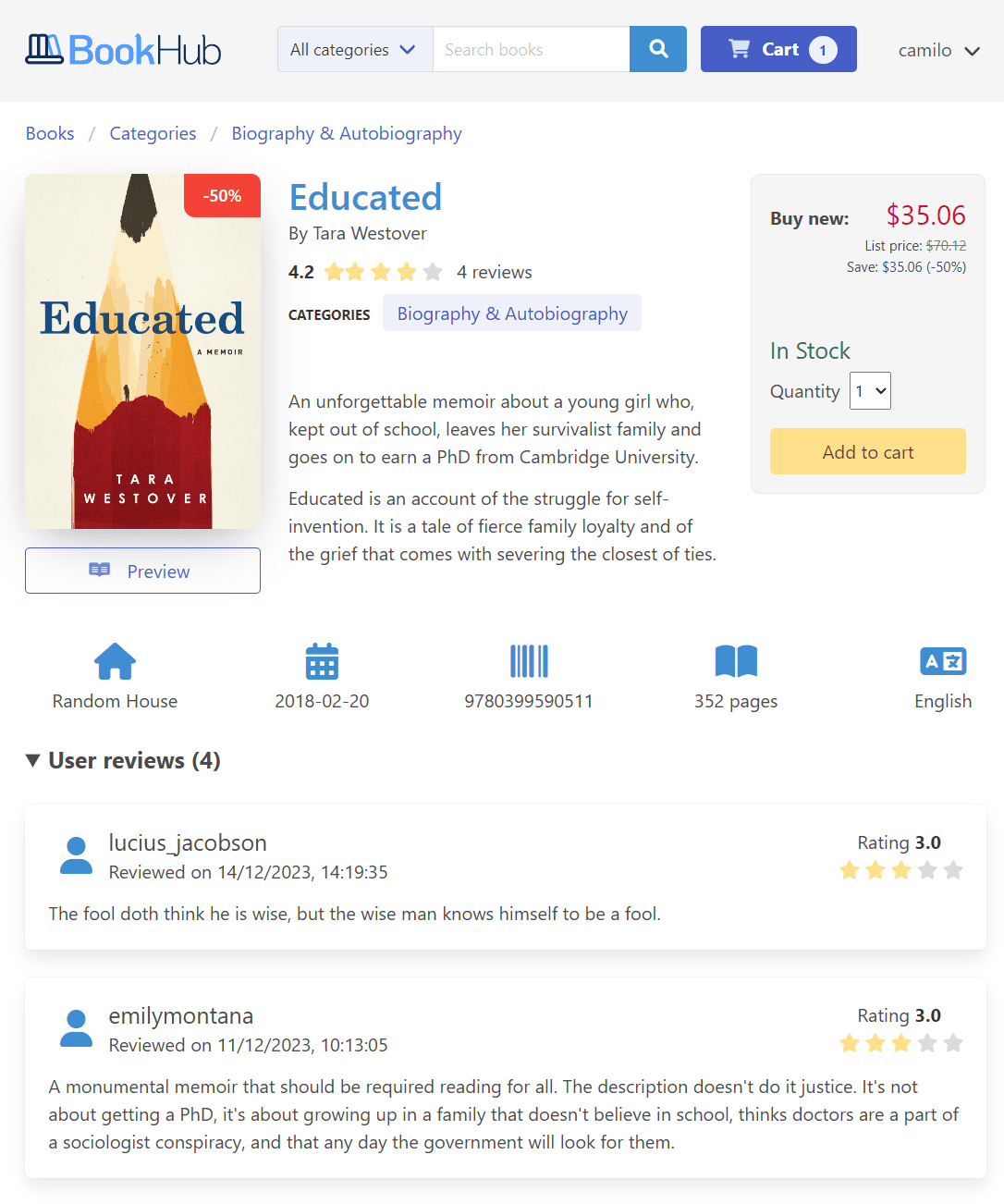 Online bookstore web platform. This was a college project where I worked as a full-stack developer. Features shopping cart, checkout, payment processing, admin panel, and user authentication.